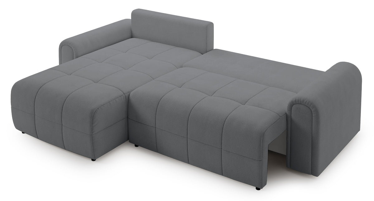 Canapé d'angle Simolla L gauche avec fonction couchage et coffre de rangement en tissu chenille gris