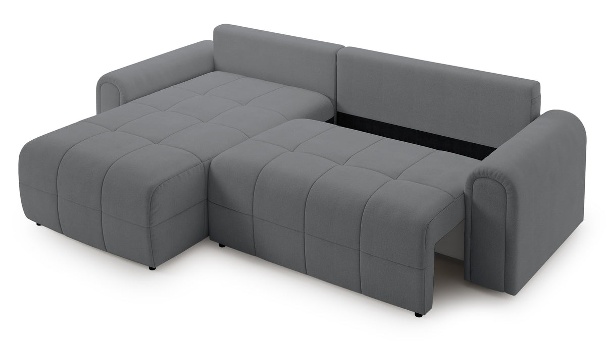 Canapé d'angle Simolla L gauche avec fonction couchage et coffre de rangement en tissu chenille gris
