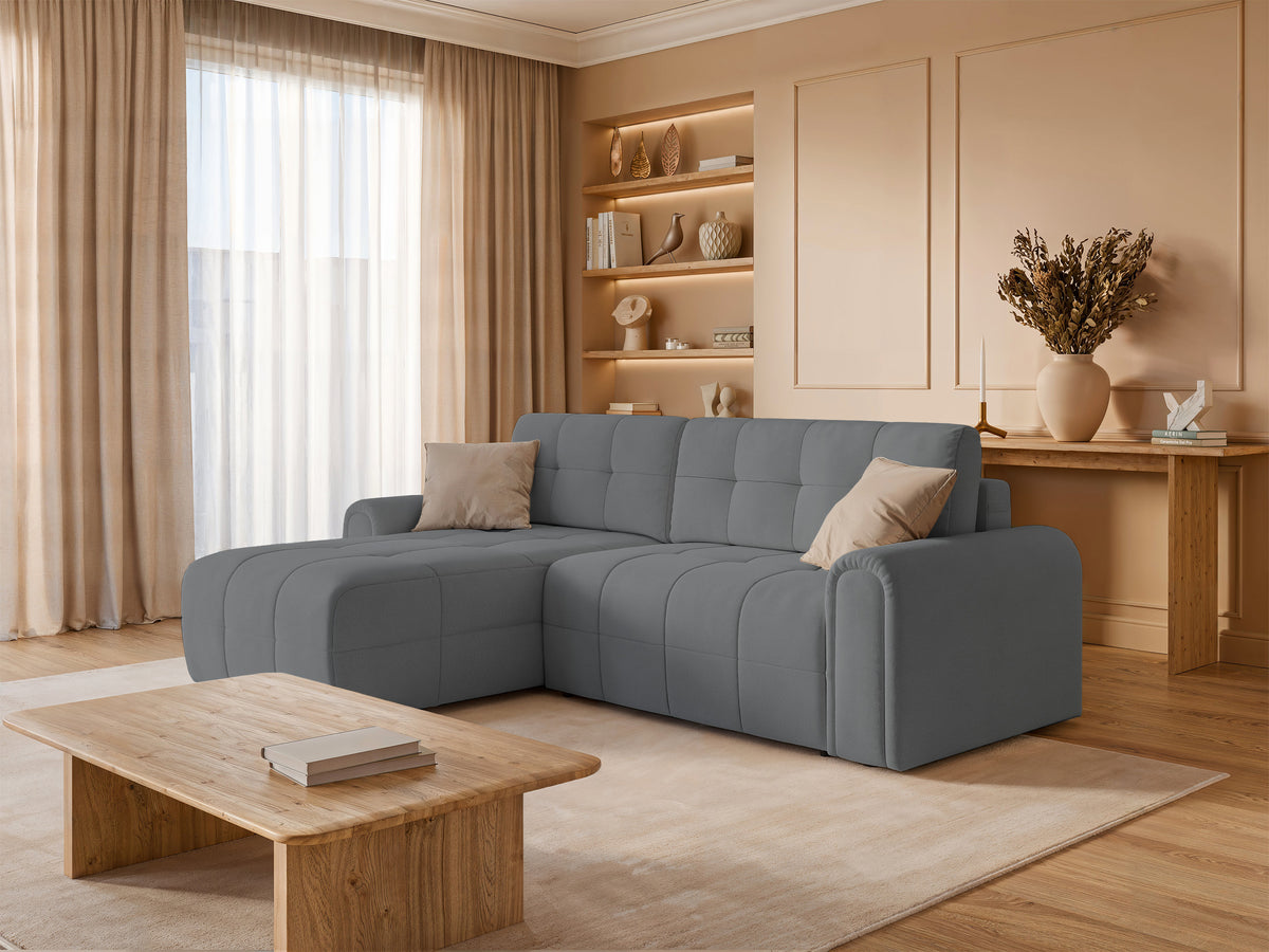 Canapé d'angle Simolla L gauche avec fonction couchage et coffre de rangement en tissu chenille gris