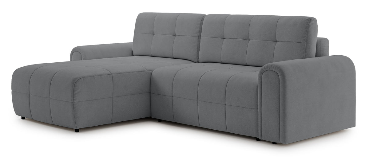 Canapé d'angle Simolla L gauche avec fonction couchage et coffre de rangement en tissu chenille gris