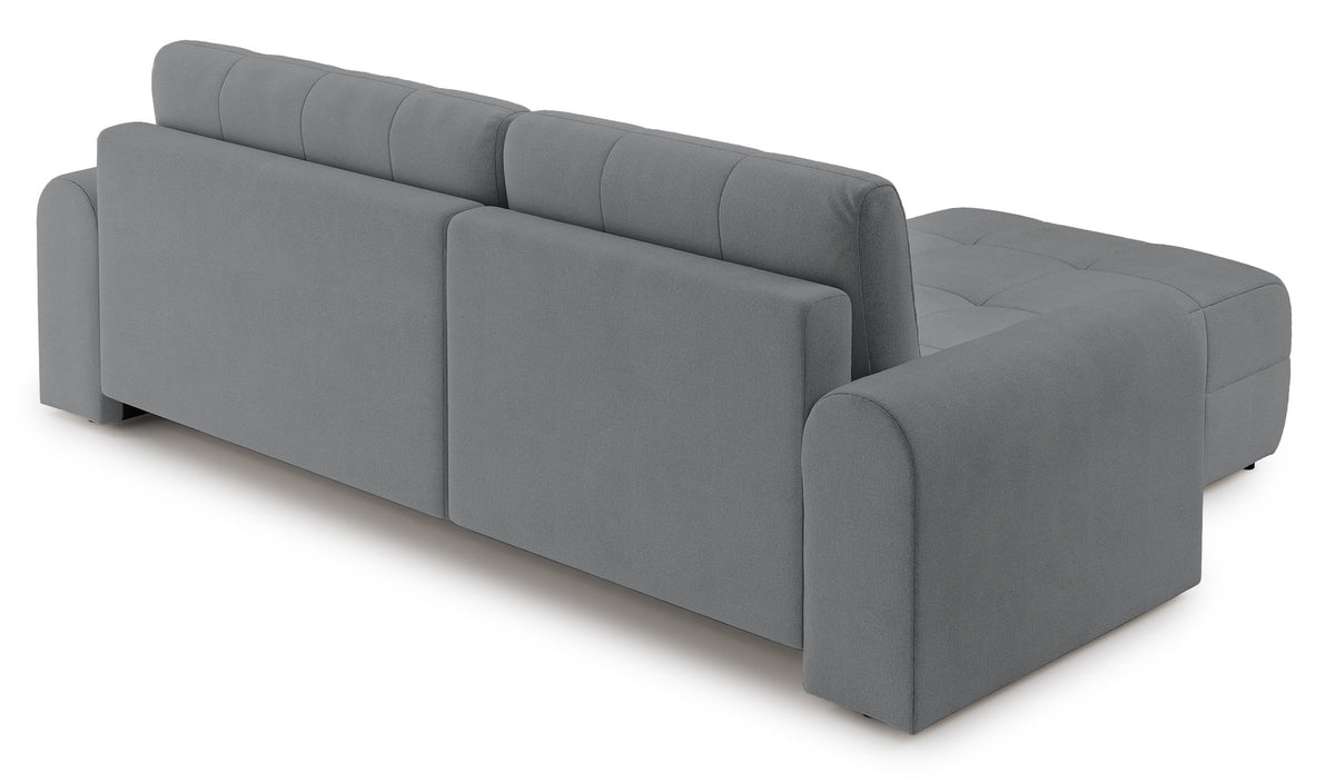 Canapé d'angle Simolla L gauche avec fonction couchage et coffre de rangement en tissu chenille gris