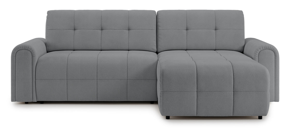 Canapé d'angle droit Simolla avec fonction couchage et coffre de rangement, tissu chenille gris