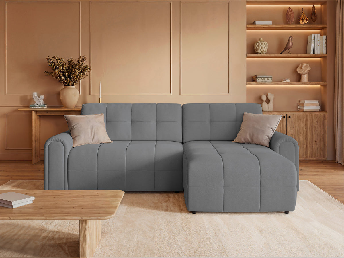 Canapé d'angle droit Simolla avec fonction couchage et coffre de rangement, tissu chenille gris