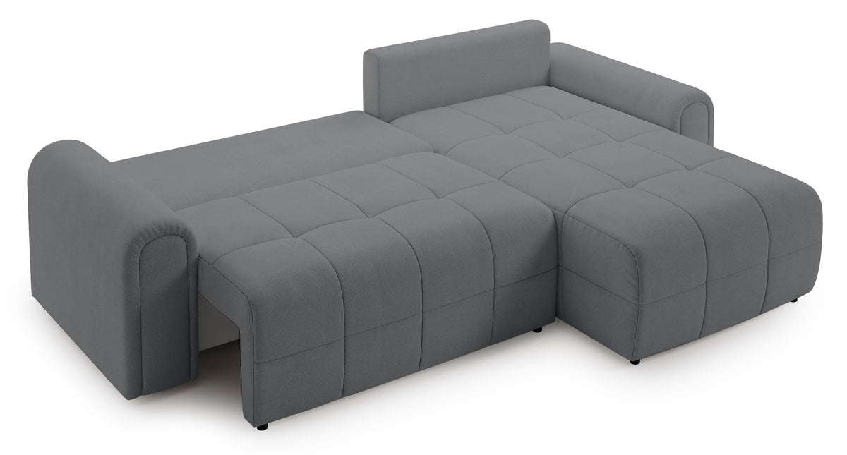 Canapé d'angle droit Simolla avec fonction couchage et coffre de rangement, tissu chenille gris
