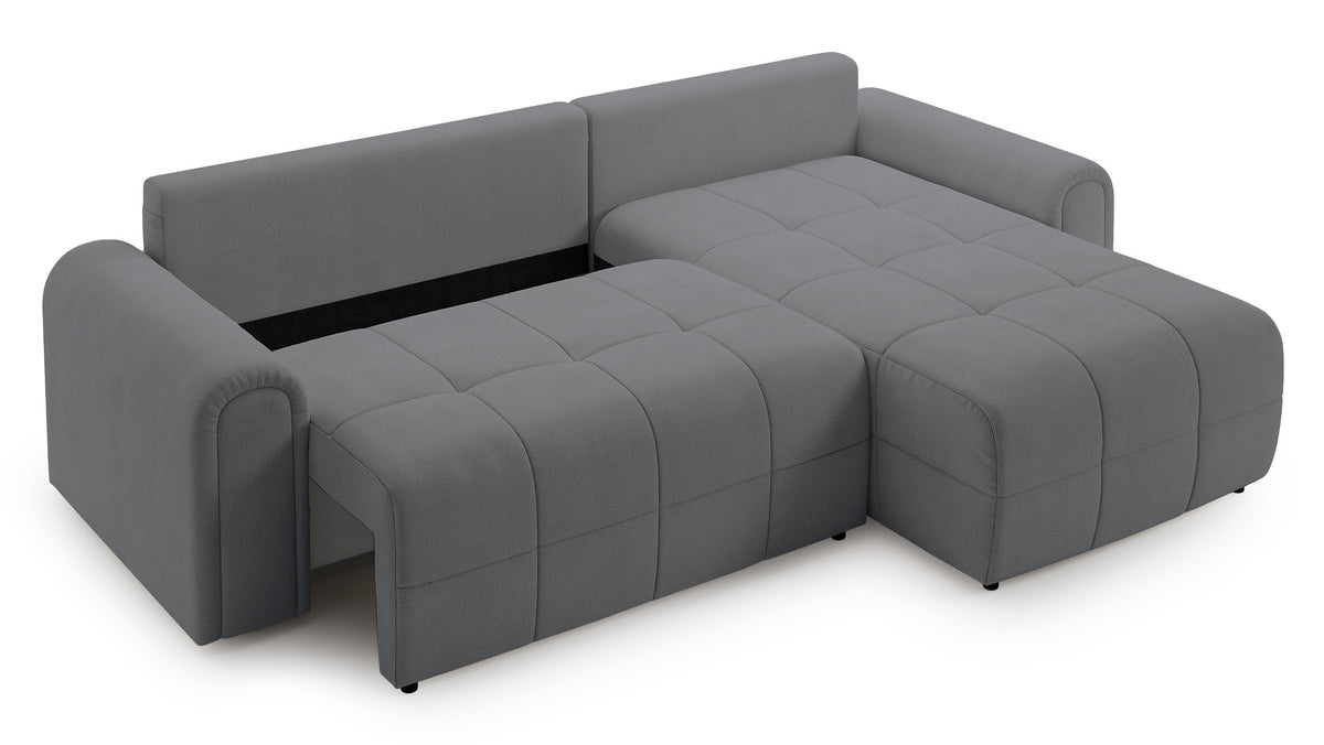 Canapé d'angle droit Simolla avec fonction couchage et coffre de rangement, tissu chenille gris