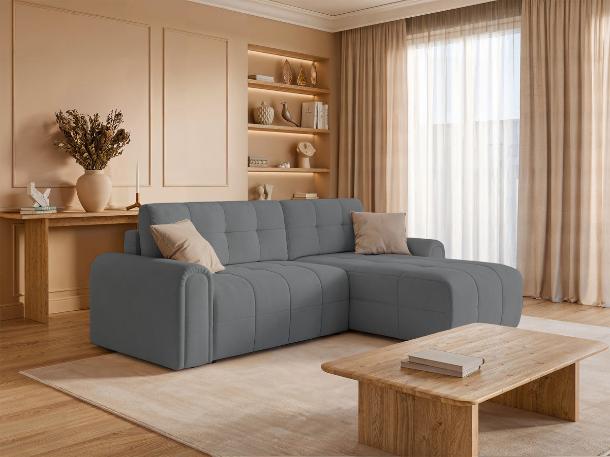 Canapé d'angle droit Simolla avec fonction couchage et coffre de rangement, tissu chenille gris