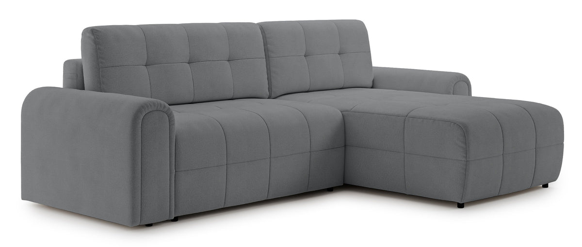 Canapé d'angle droit Simolla avec fonction couchage et coffre de rangement, tissu chenille gris