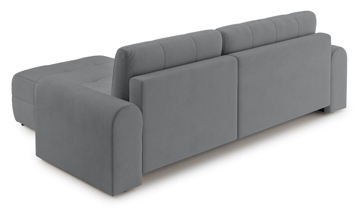 Canapé d'angle droit Simolla avec fonction couchage et coffre de rangement, tissu chenille gris