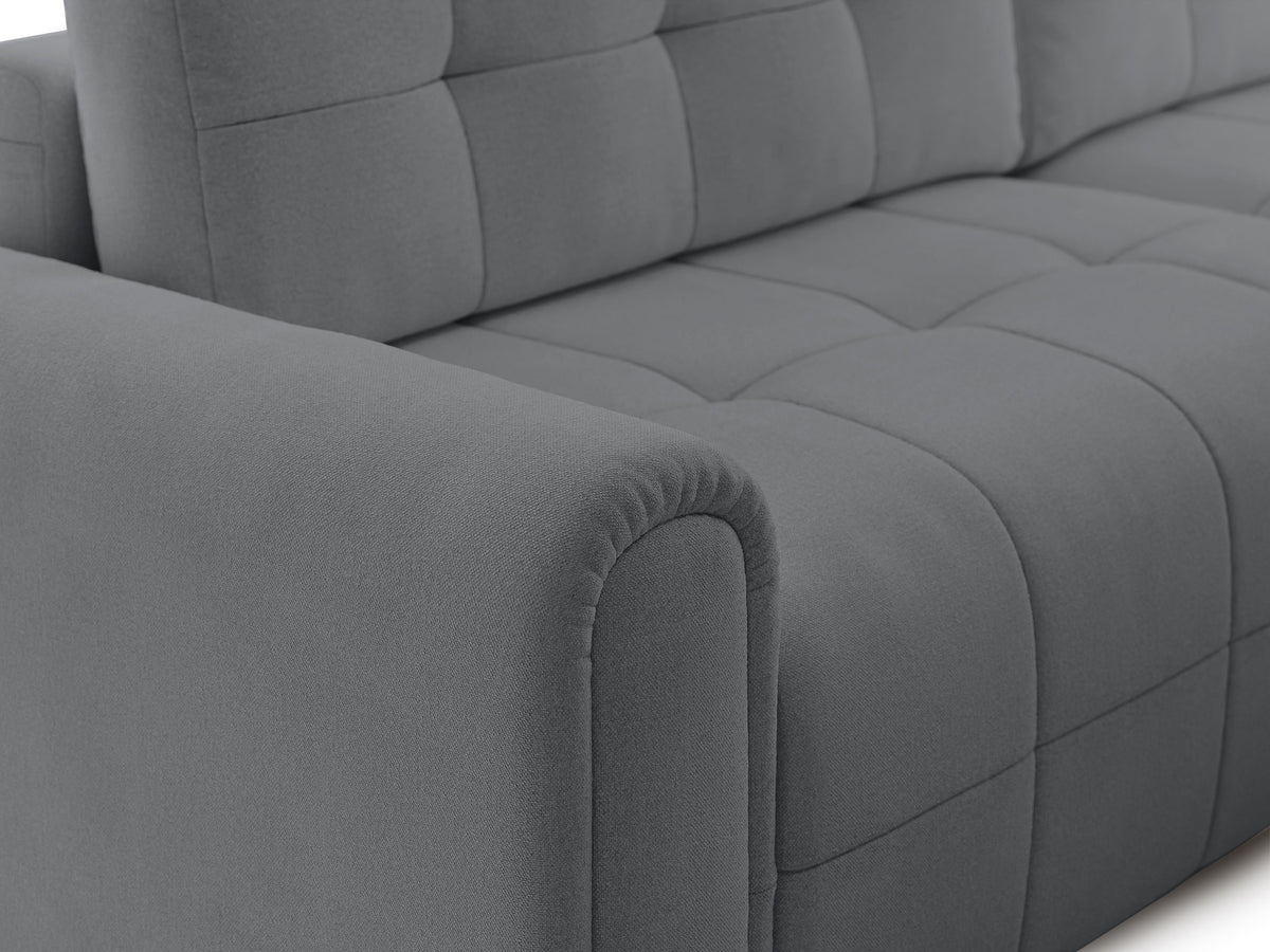 Canapé d'angle droit Simolla avec fonction couchage et coffre de rangement, tissu chenille gris