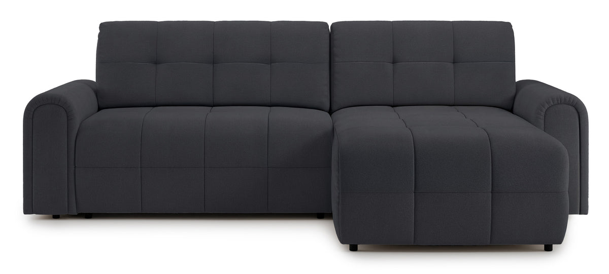 Canapé d'angle droit Simolla avec fonction couchage et coffre, tissu chenille gris foncé