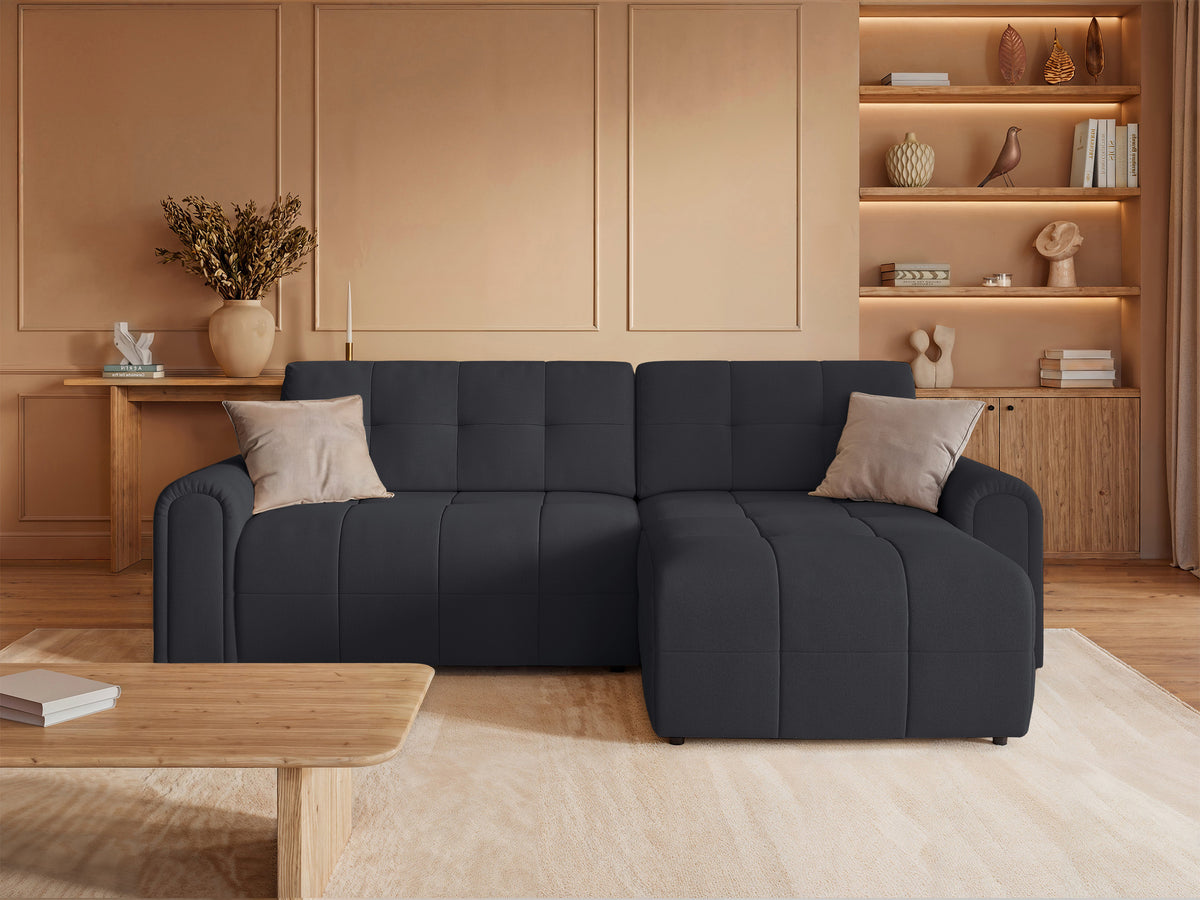 Canapé d'angle droit Simolla avec fonction couchage et coffre, tissu chenille gris foncé