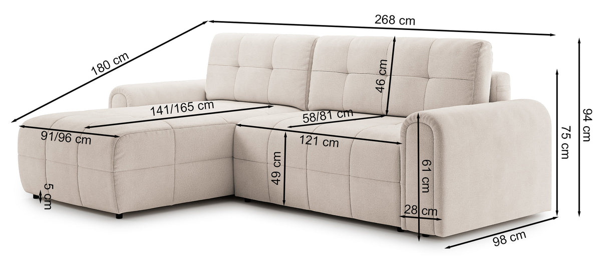 Canapé d'angle Simolla L gauche avec fonction couchage et coffre de rangement en tissu chenille gris