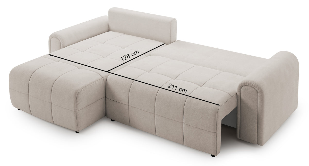 Canapé d'angle Simolla en L, gauche, avec fonction couchage et coffre de rangement, tissu chenille gris-brun