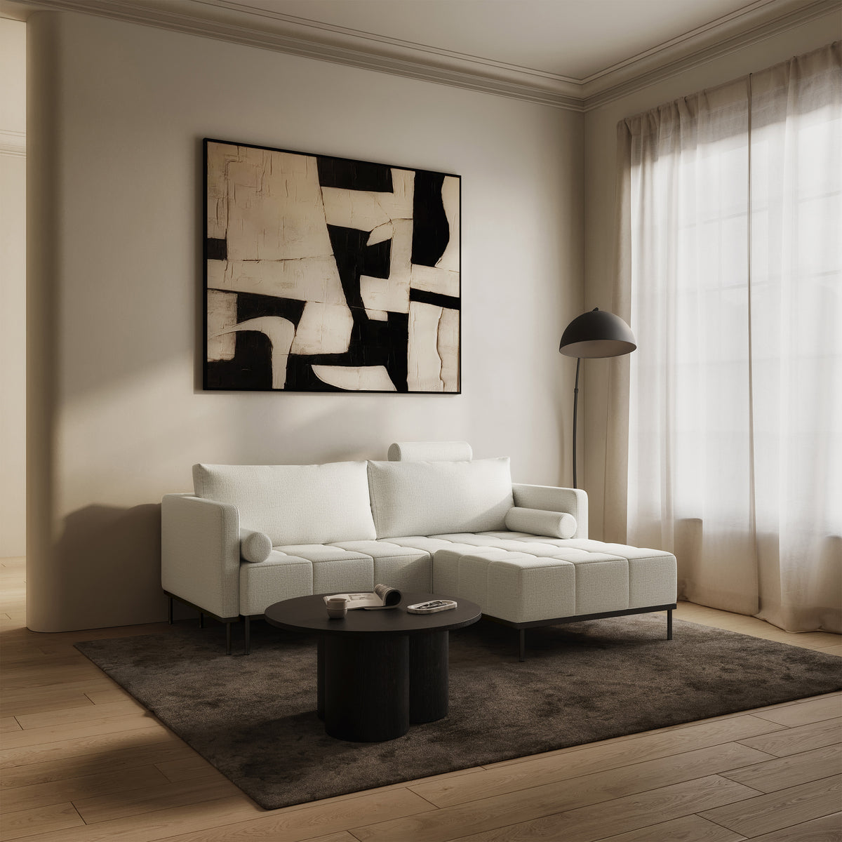 Canapé convertible 3 places Skilia avec pouf en chenille hydrofuge gris-beige