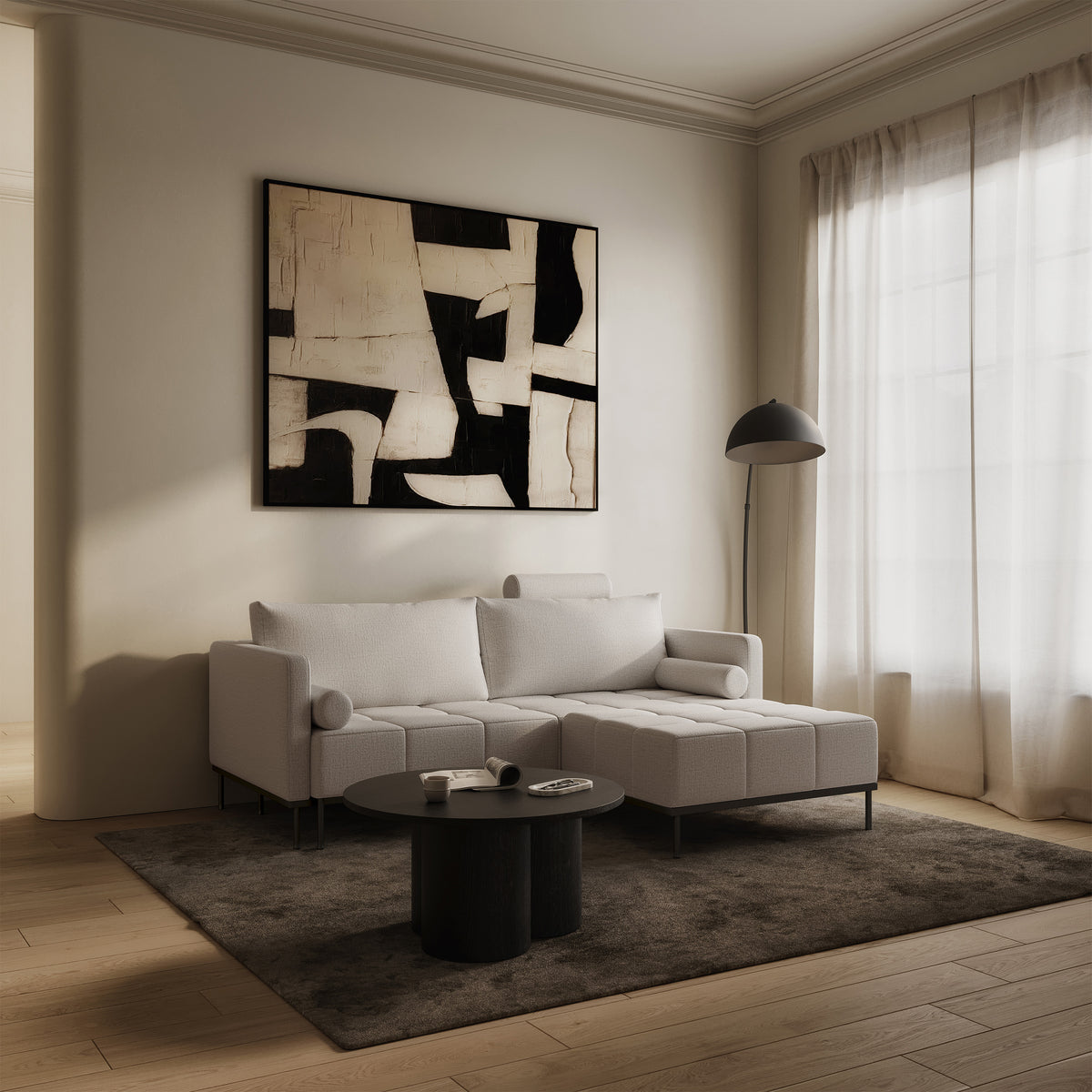 Canapé-lit 3 places Skilia avec pouf, tissu chenille hydrofuge beige clair