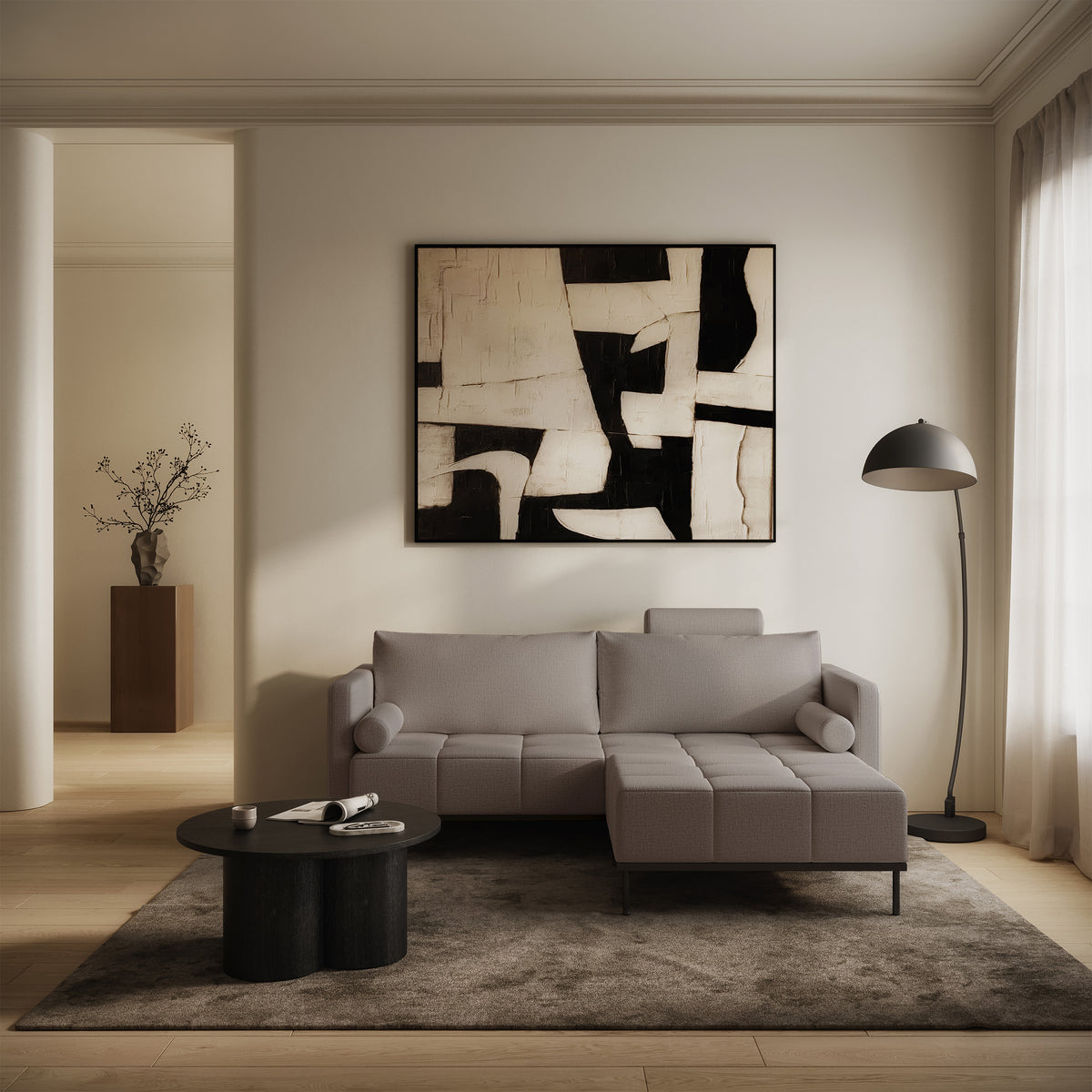 Dreisitziges ausklappbares Sofa Skilia mit Hocker, graubrauner hydrophober Chenille-Stoff