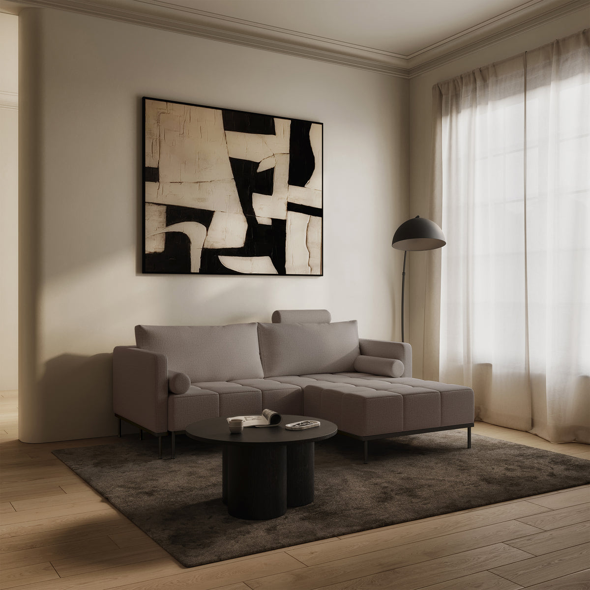 Canapé convertible 3 places Skilia avec pouf, tissu chenille hydrofuge gris brun