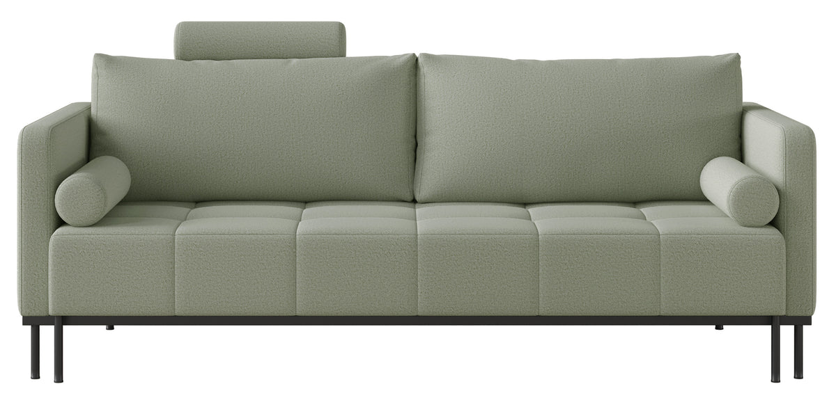 Dreisitziges ausklappbares Sofa Skilia aus salbeigrünem, leicht zu reinigendem Strickstoff