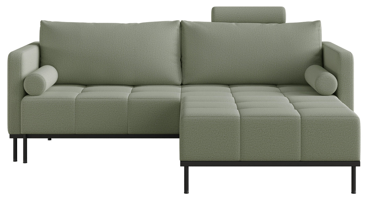 Dreisitziges ausklappbares Sofa Skilia mit Hocker, salbeigrüner, pflegeleichter Strickstoff