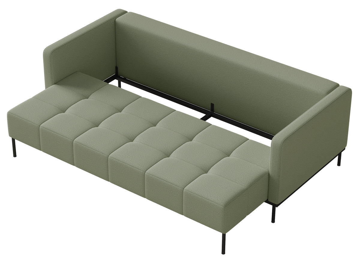 Canapé convertible 3 places Skilia avec pouf en tissu sauge facile à nettoyer