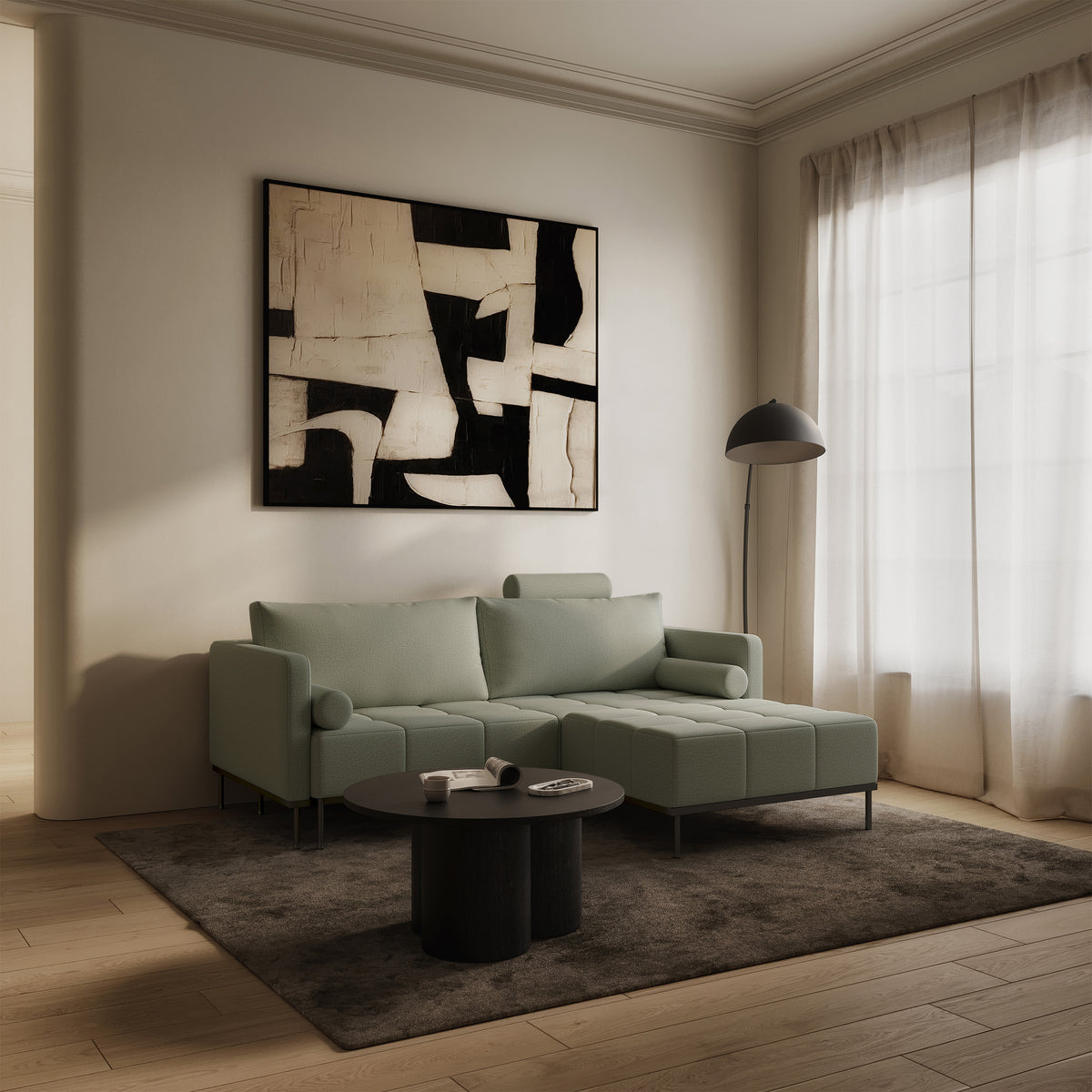 Canapé convertible 3 places Skilia avec pouf en tissu sauge facile à nettoyer