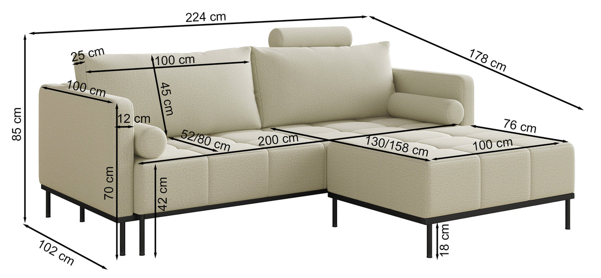 Canapé-lit 3 places Skilia avec pouf, tissu chenille hydrofuge beige clair