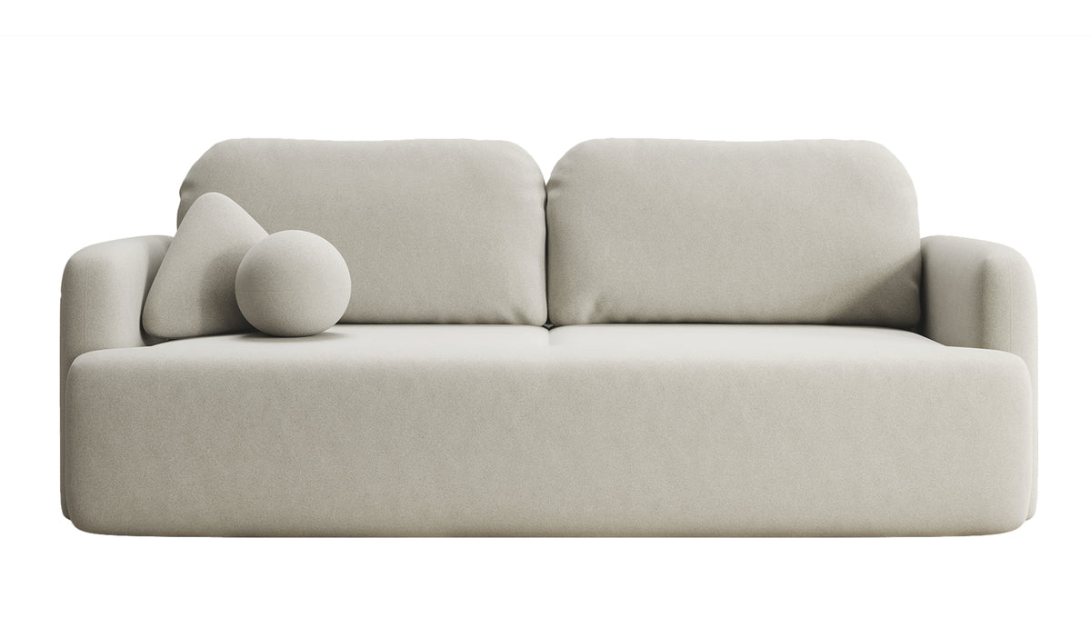 Dreisitziges ausklappbares Sofa Lambina mit Stauraum, hellbeiger, leicht zu reinigender Samtvelours