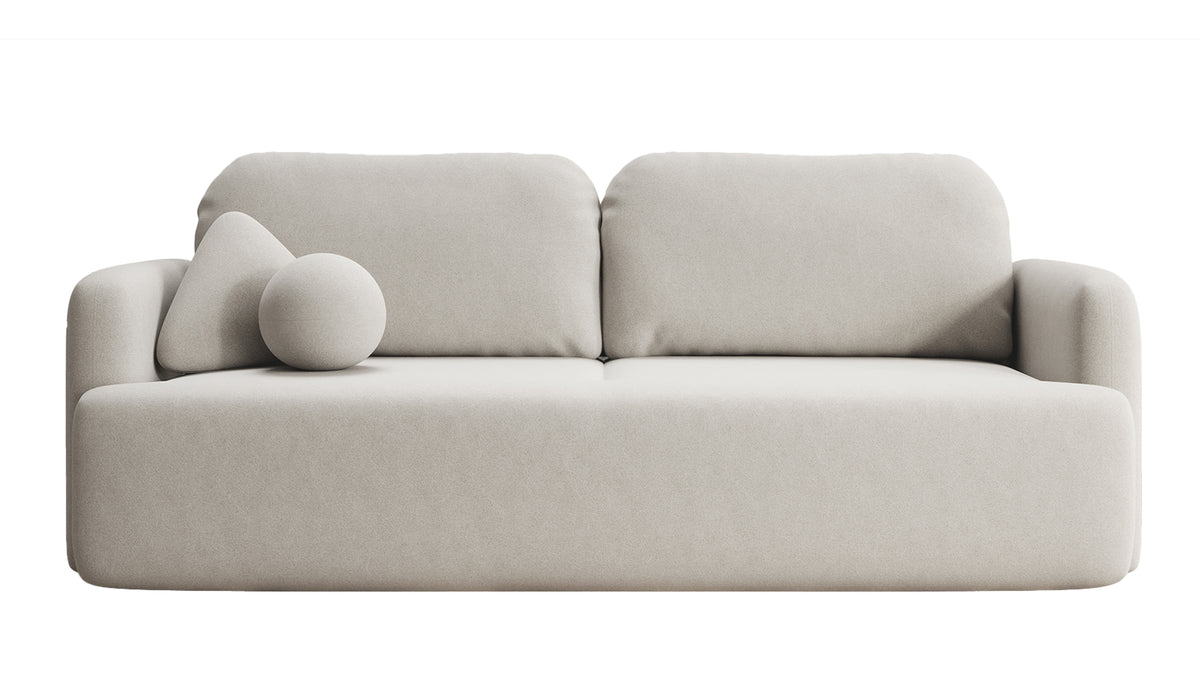 Dreisitziges ausklappbares Sofa Lambina mit Stauraum, cremefarbener Velours, leicht zu reinigen