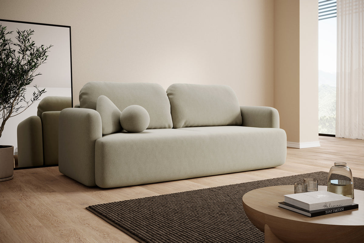 Dreisitziges ausklappbares Sofa Lambina mit Stauraum, beige, pflegeleichter Velours