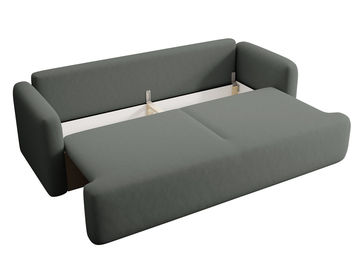 Canapé convertible 3 places Lambina avec coffre, velours gris foncé facile à nettoyer