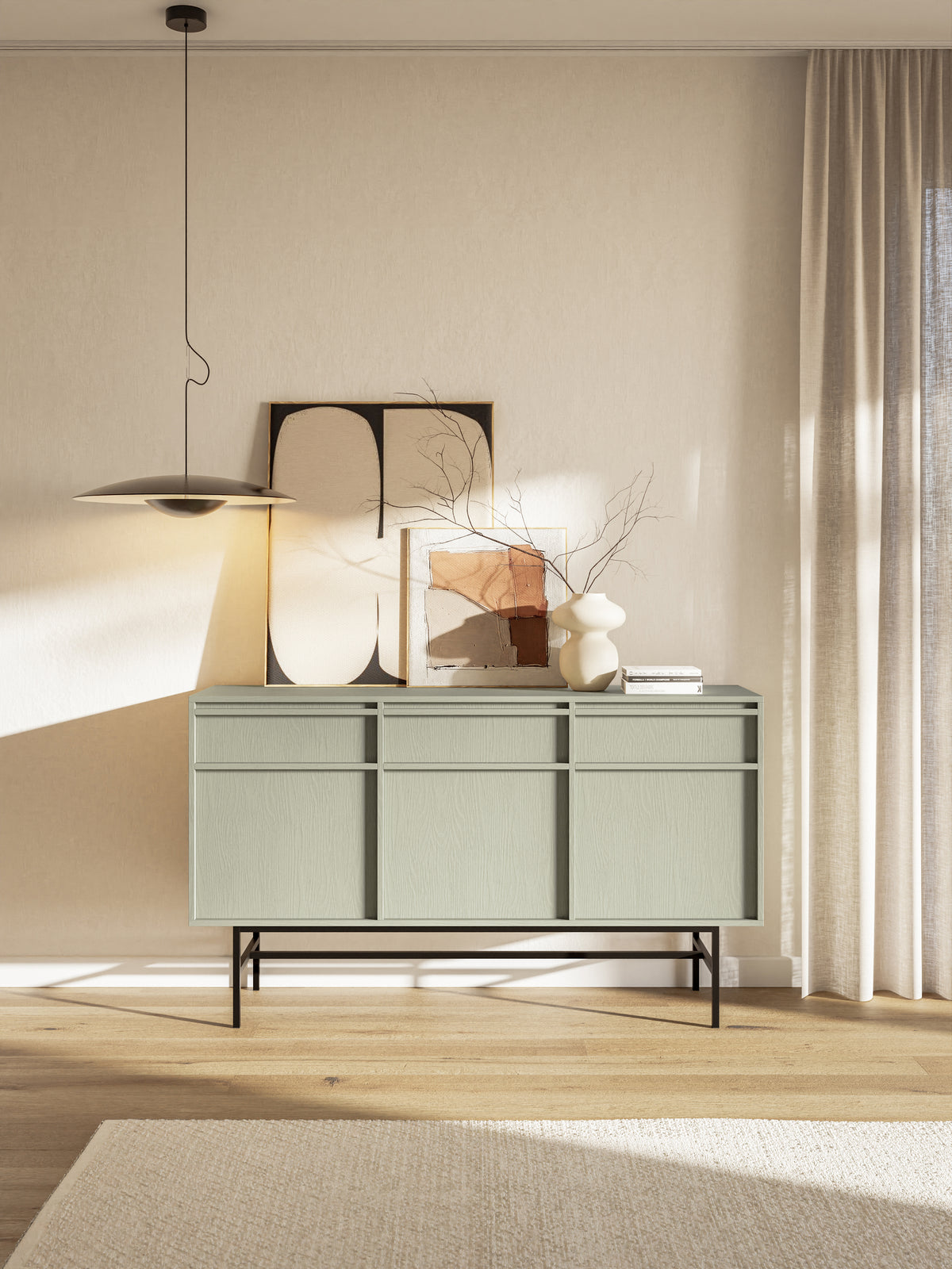 Commode trois portes Evo avec tiroirs et cadre 154 cm Sauge