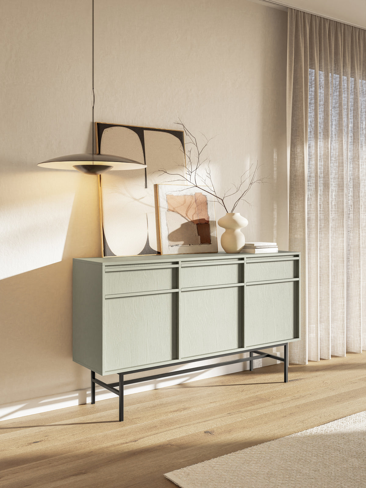 Commode trois portes Evo avec tiroirs et cadre 154 cm Sauge