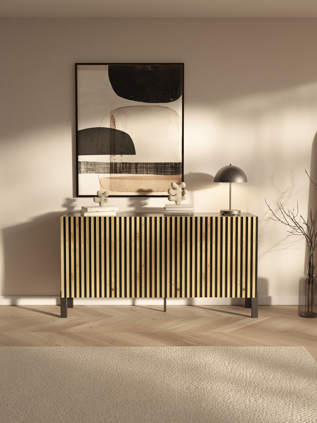 Drehtür-Kommode Telire 154 cm mit drei Schubladen und Lamellenfront, schwarz/Artisan-Eiche