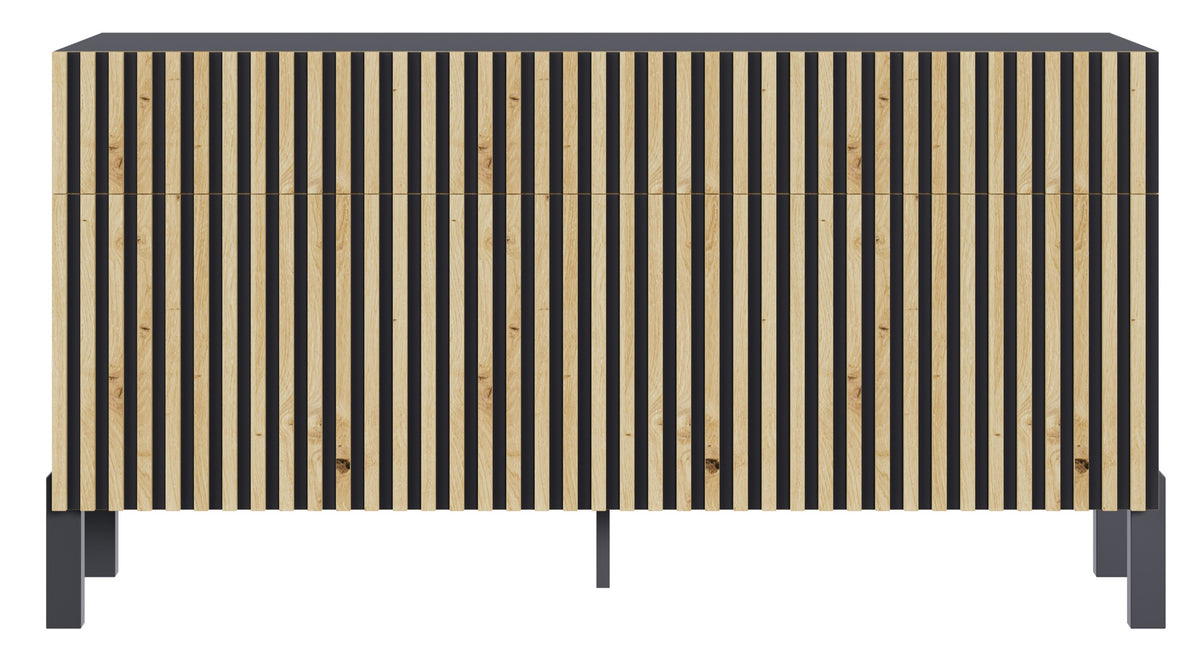 Drehtür-Kommode Telire 154 cm mit drei Schubladen und Lamellenfront, schwarz/Artisan-Eiche