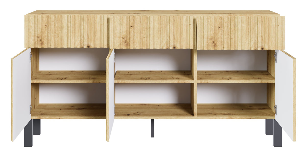 Drehtür-Kommode Telire 154 cm mit drei Schubladen und lamellenförmiger Front in Artisan-Eiche