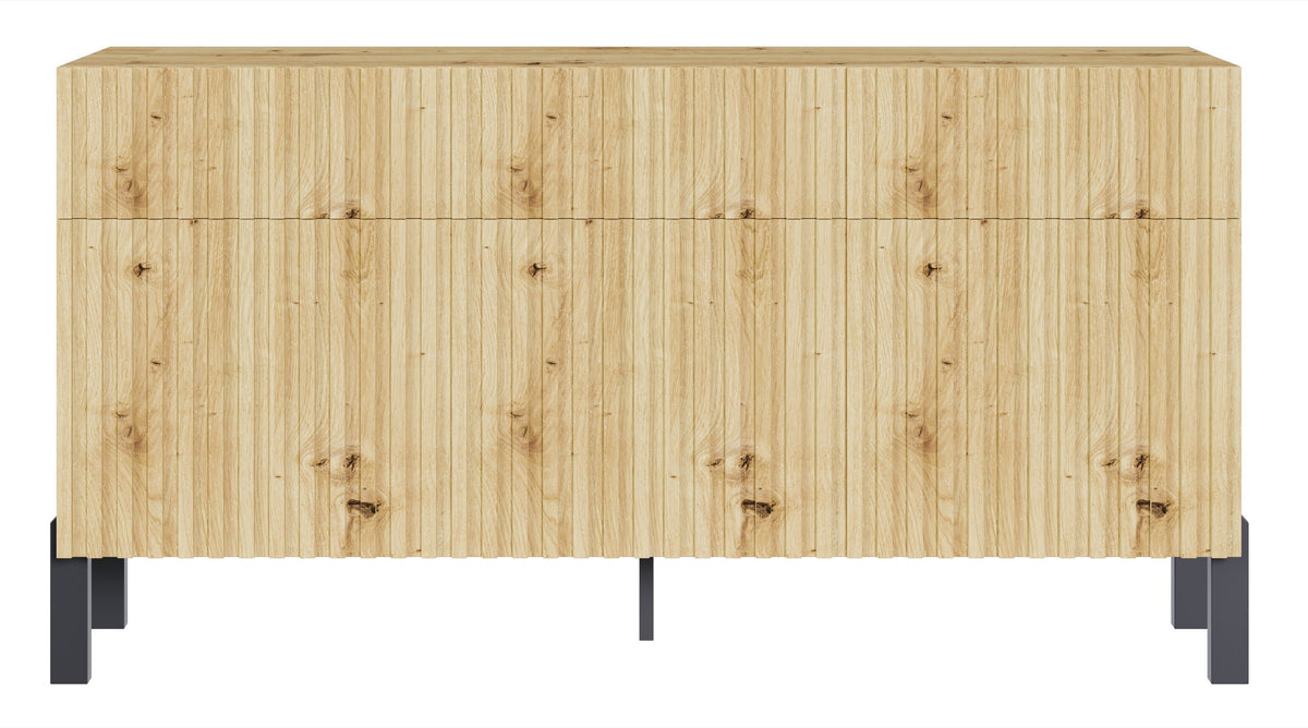 Drehtür-Kommode Telire 154 cm mit drei Schubladen und lamellenförmiger Front in Artisan-Eiche