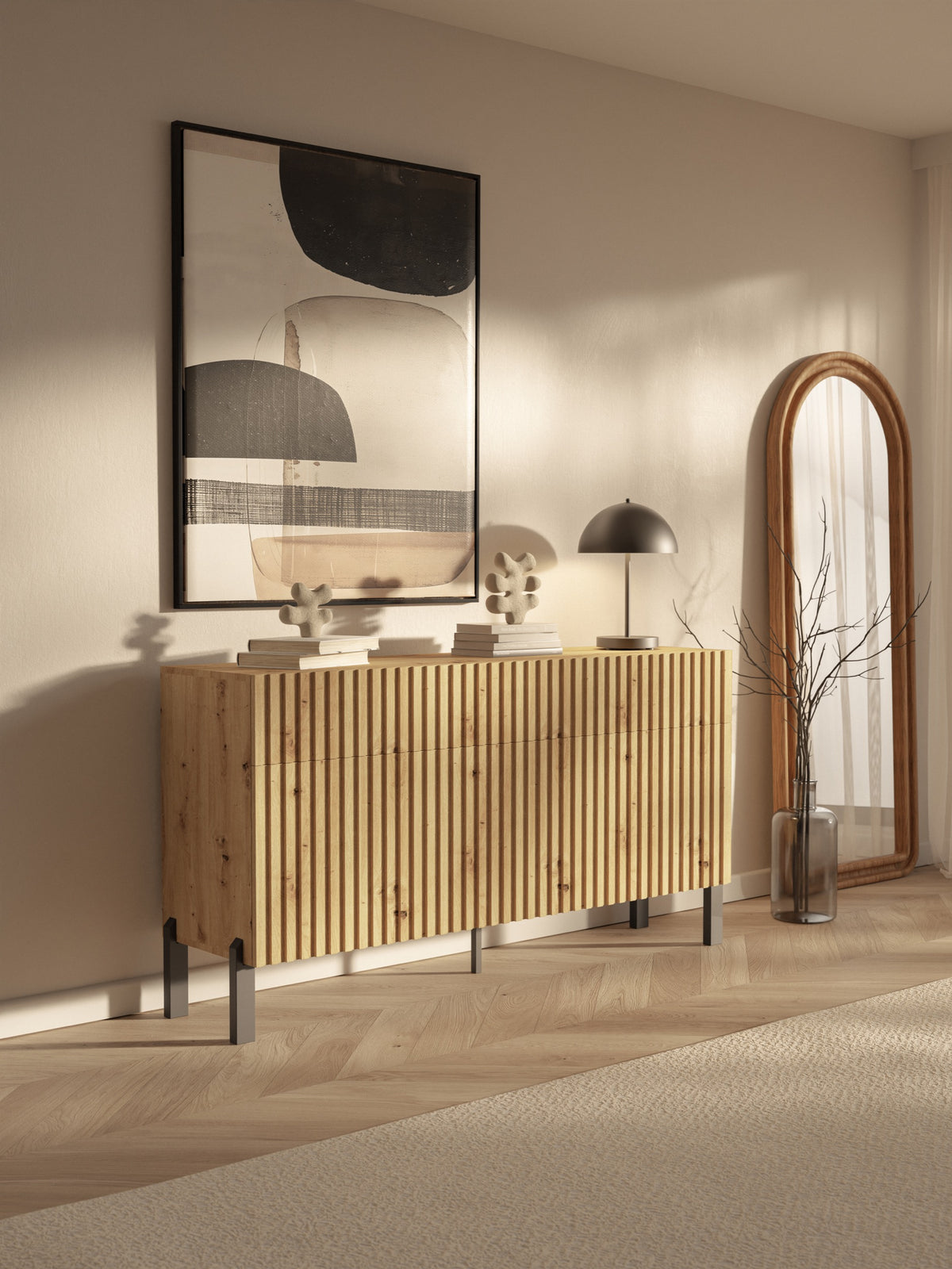 Drehtür-Kommode Telire 154 cm mit drei Schubladen und lamellenförmiger Front in Artisan-Eiche