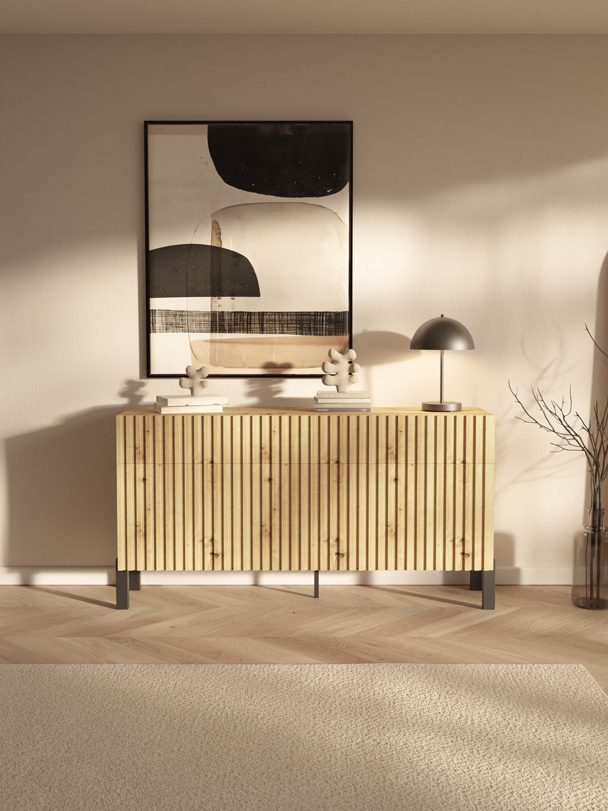 Drehtür-Kommode Telire 154 cm mit drei Schubladen und lamellenförmiger Front in Artisan-Eiche