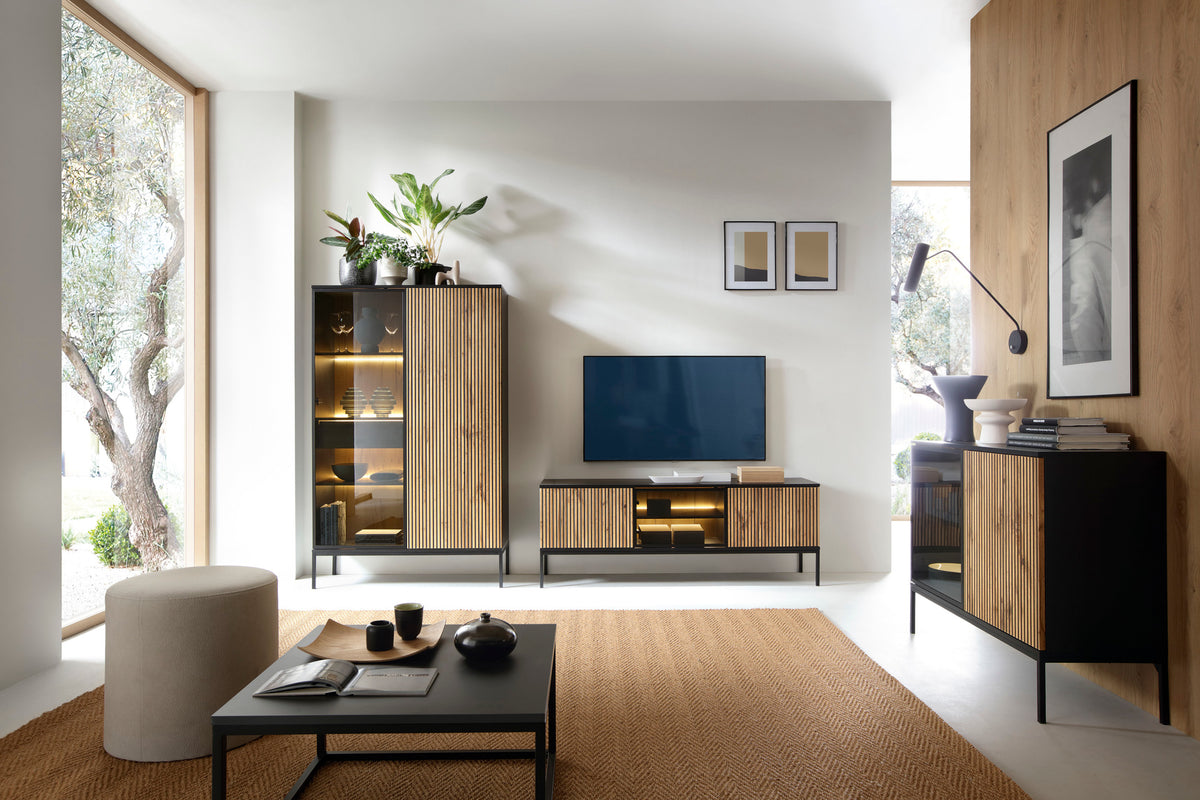 Meuble TV Tosena trois portes avec éclairage LED 154 cm Noir/Chêne Wotan