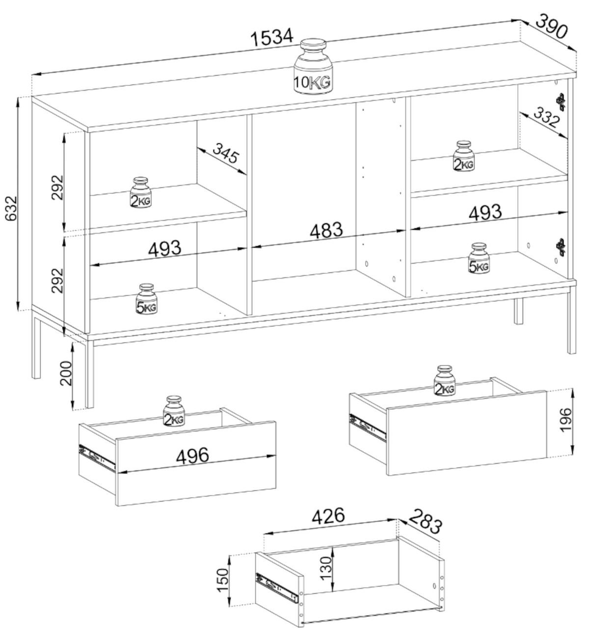 Kommode Tosena mit zwei Türen, Schubladen und LED-Beleuchtung, 154 cm, Kaschmir