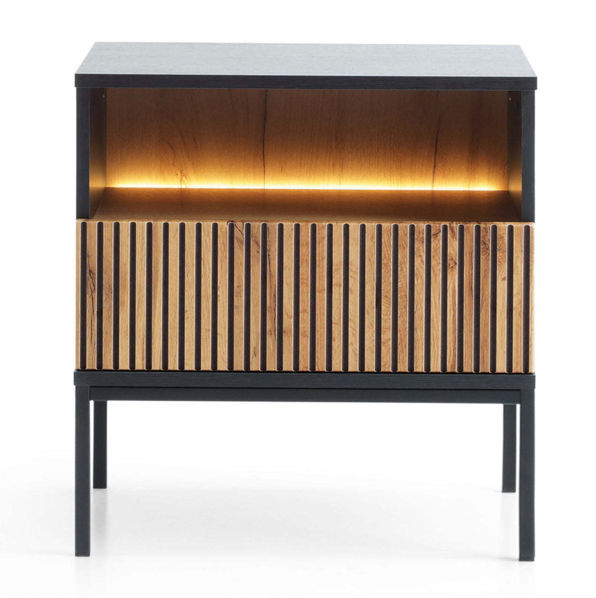 Table de chevet Tosena avec tiroir et éclairage LED 54 cm Noir/Chêne Wotan