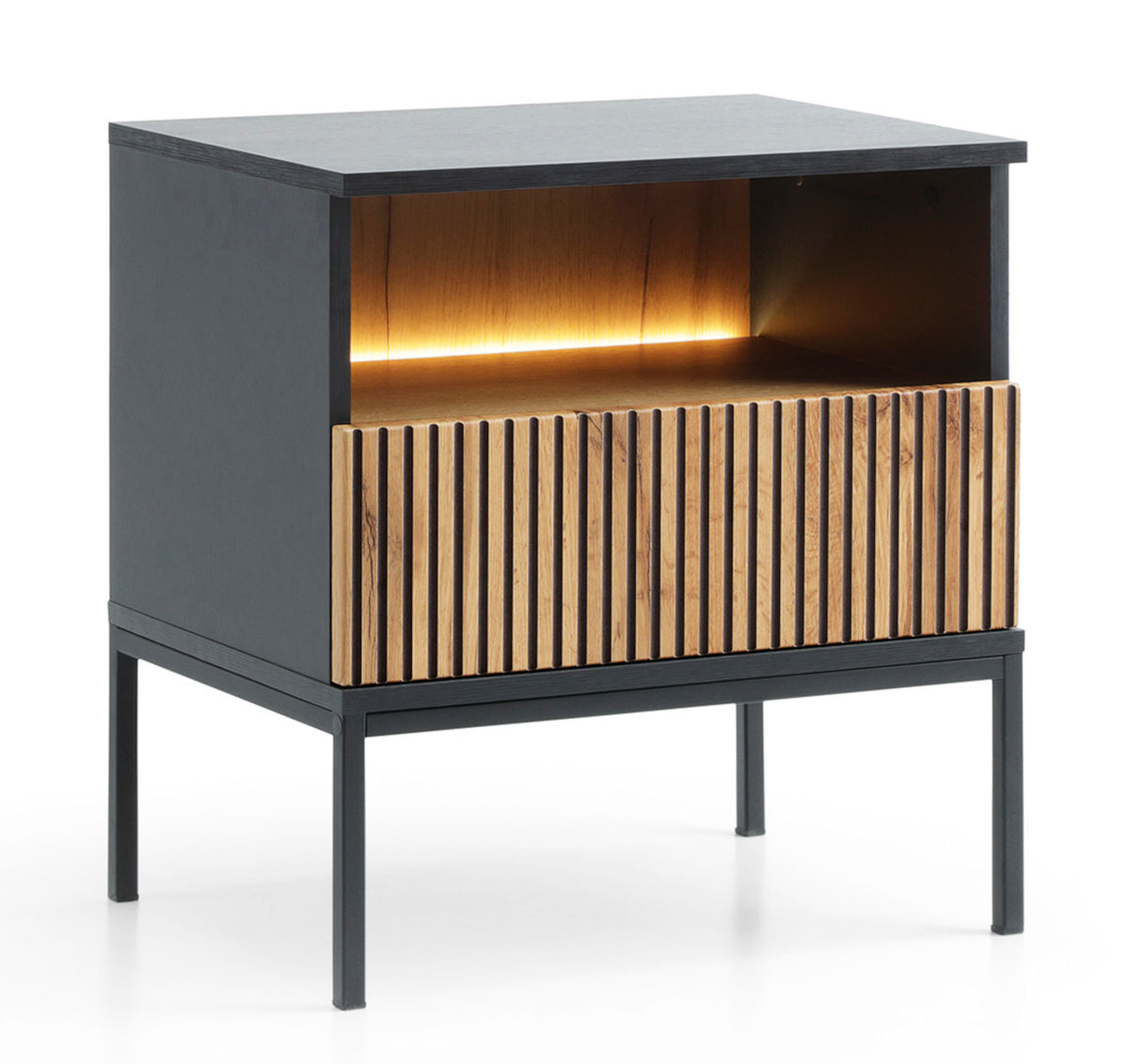 Table de chevet Tosena avec tiroir et éclairage LED 54 cm Noir/Chêne Wotan