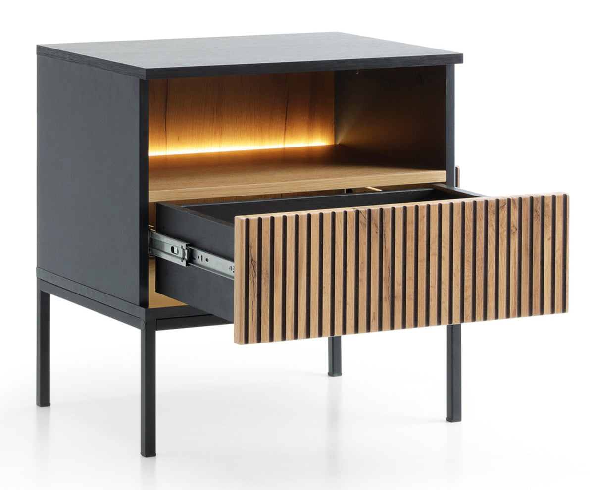 Table de chevet Tosena avec tiroir et éclairage LED 54 cm Noir/Chêne Wotan