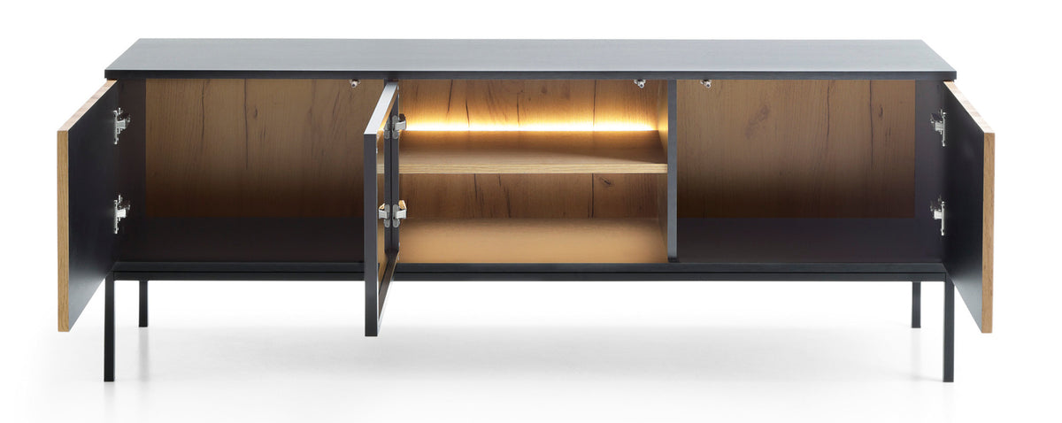 Meuble TV Tosena trois portes avec éclairage LED 154 cm Noir/Chêne Wotan