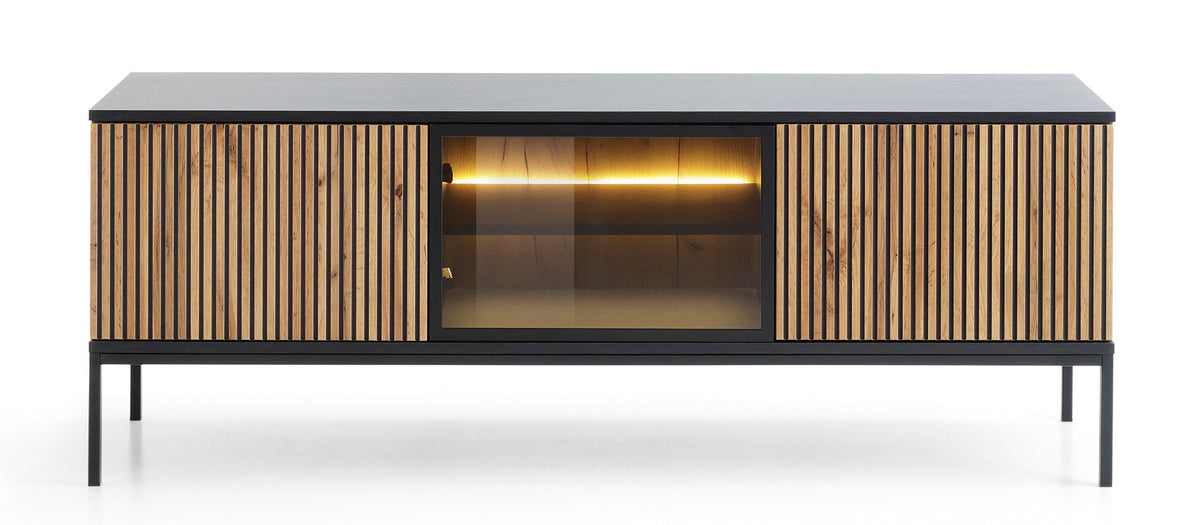 Meuble TV Tosena trois portes avec éclairage LED 154 cm Noir/Chêne Wotan