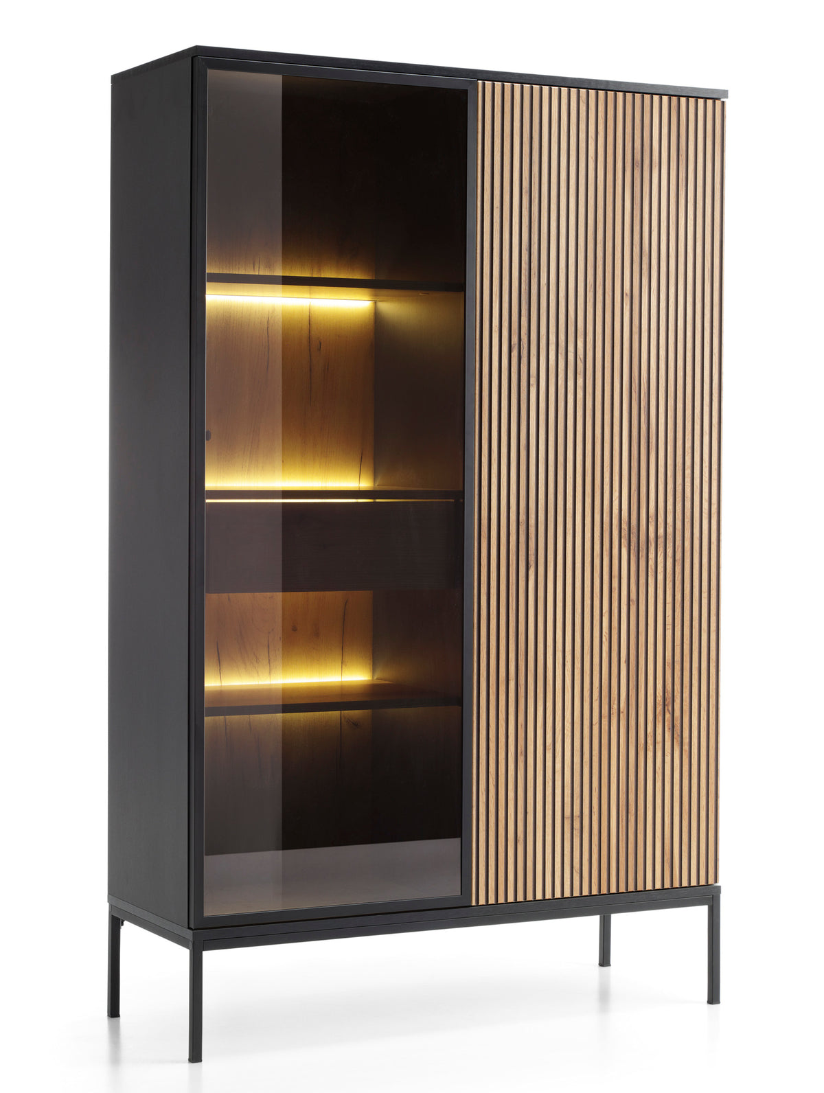 Hohe Vitrine Tosena mit zwei Türen, einer Schublade und LED-Beleuchtung, 104 cm, Schwarz/Wotan-Eiche