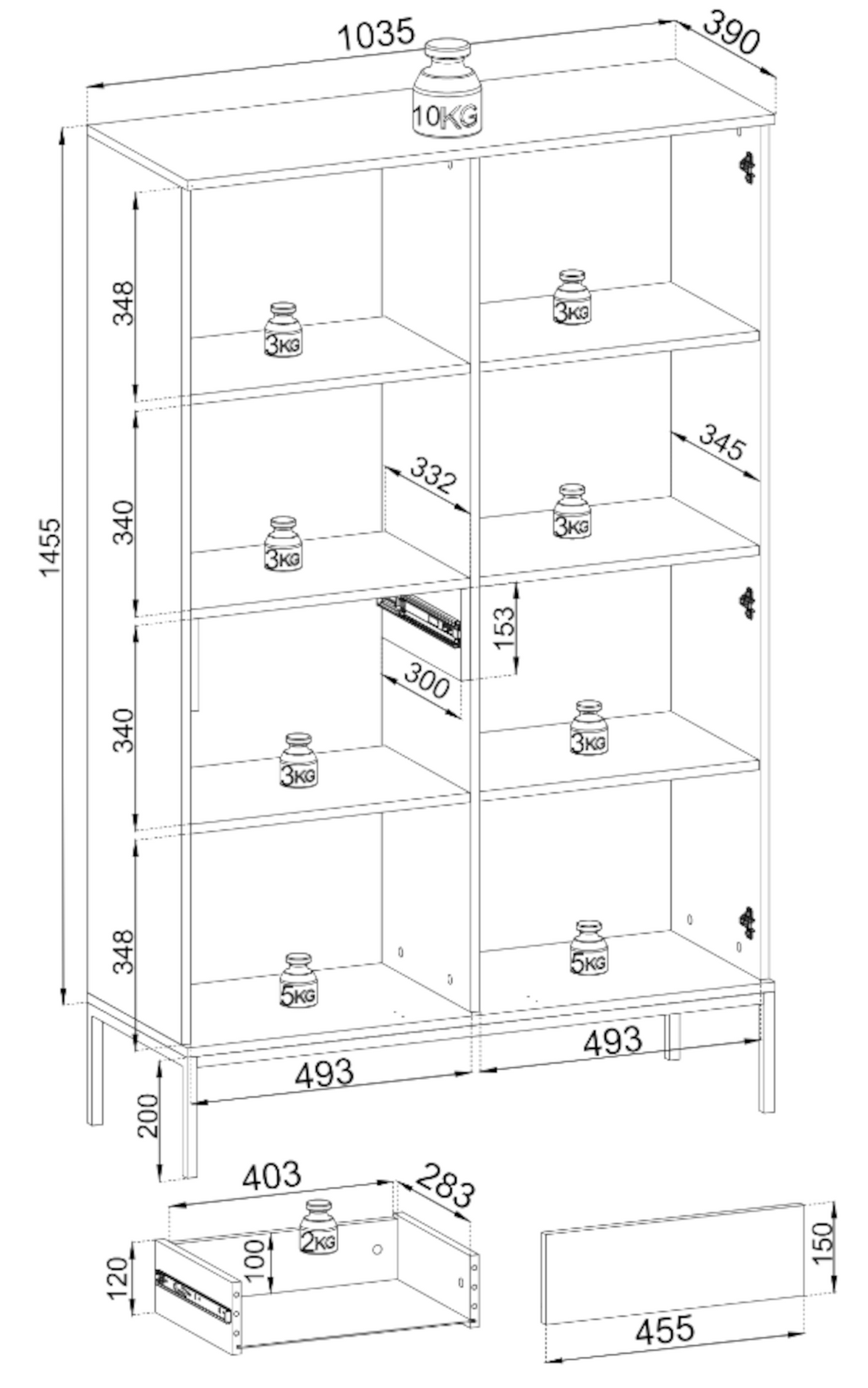 Hohe Vitrine Tosena mit zwei Türen, Schublade und LED-Beleuchtung, 104 cm, Kaschmir