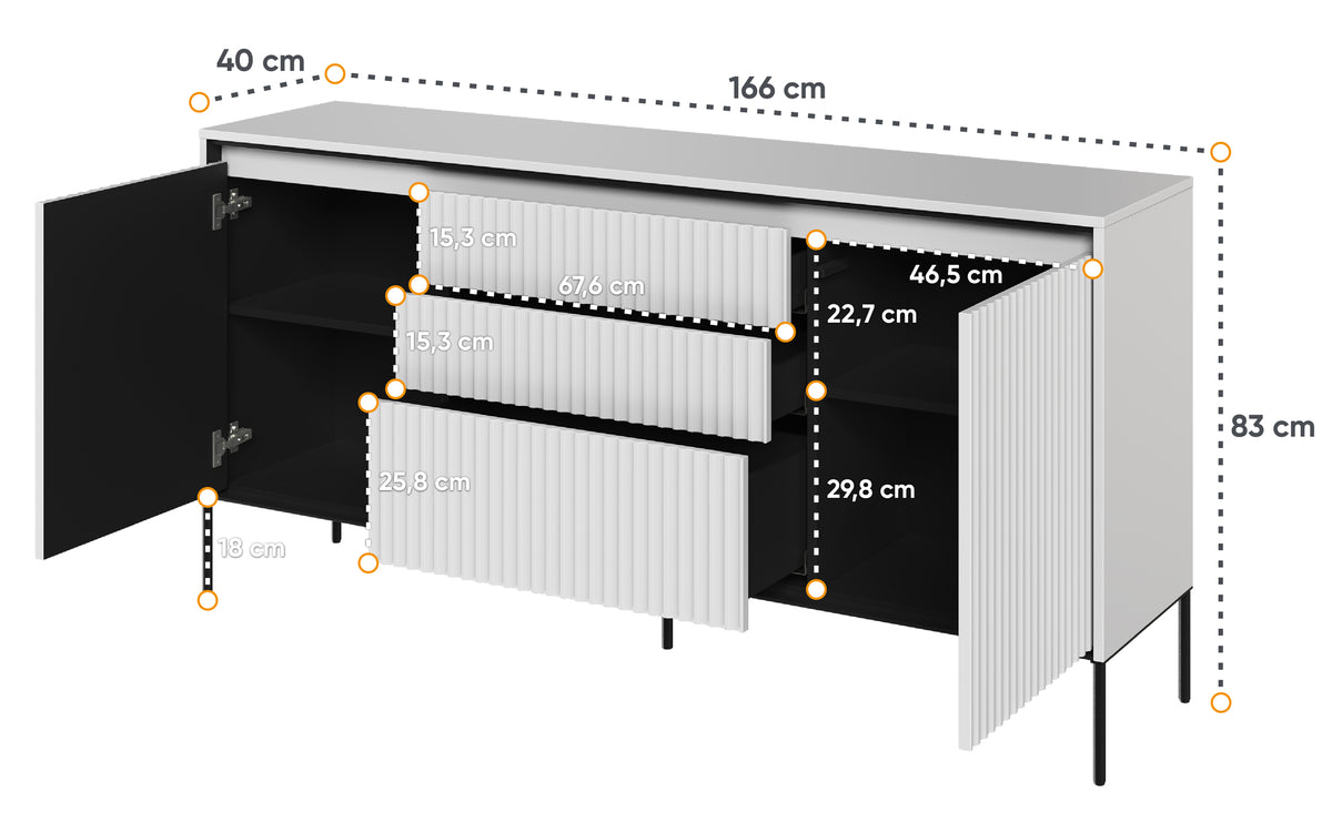 Commode 2 portes Trend 166 cm avec 3 tiroirs et éclairage LED Blanc