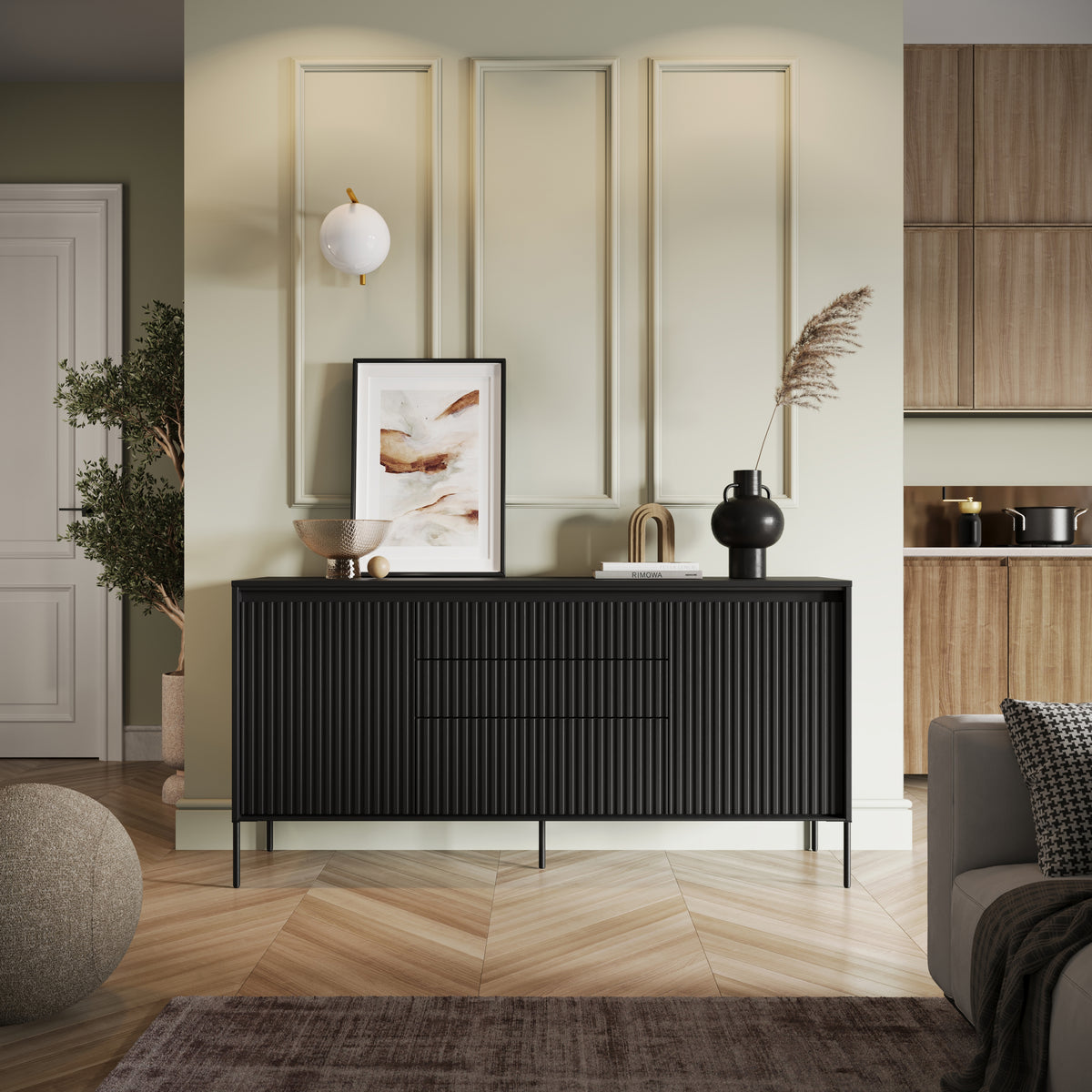 Commode deux portes Trend 166 cm avec trois tiroirs et LED Noir