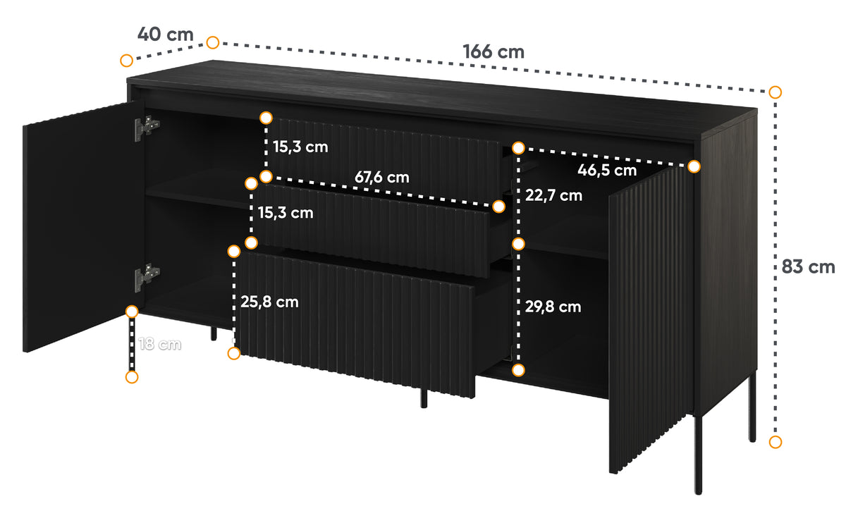 Commode deux portes Trend 166 cm avec trois tiroirs et LED Noir